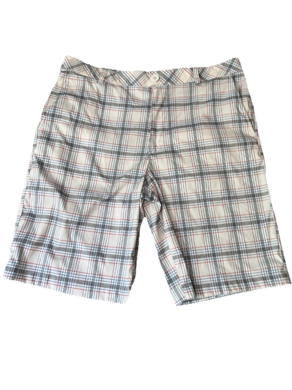 IZOD Golf Chino Shorts Mens Size 36 Plaid Flat Front White Blue Striped
